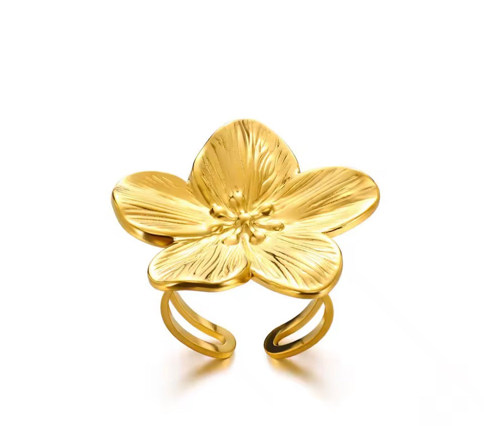 Set of 2 Floral Statement and Band Adjustable Rings Gold or Silver