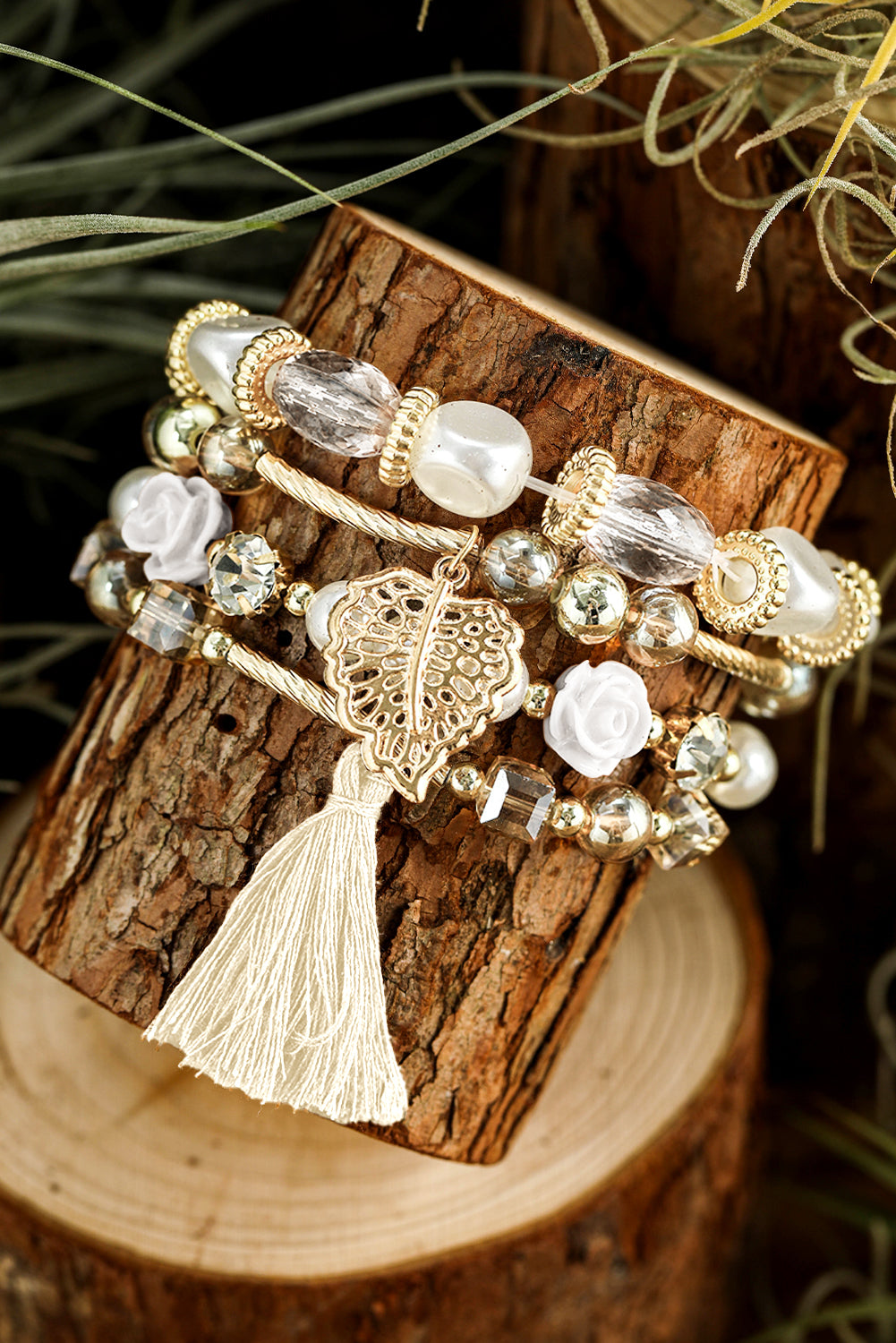 White Bohemian Rhinestone Beaded Fringed Layered Bracelet Set