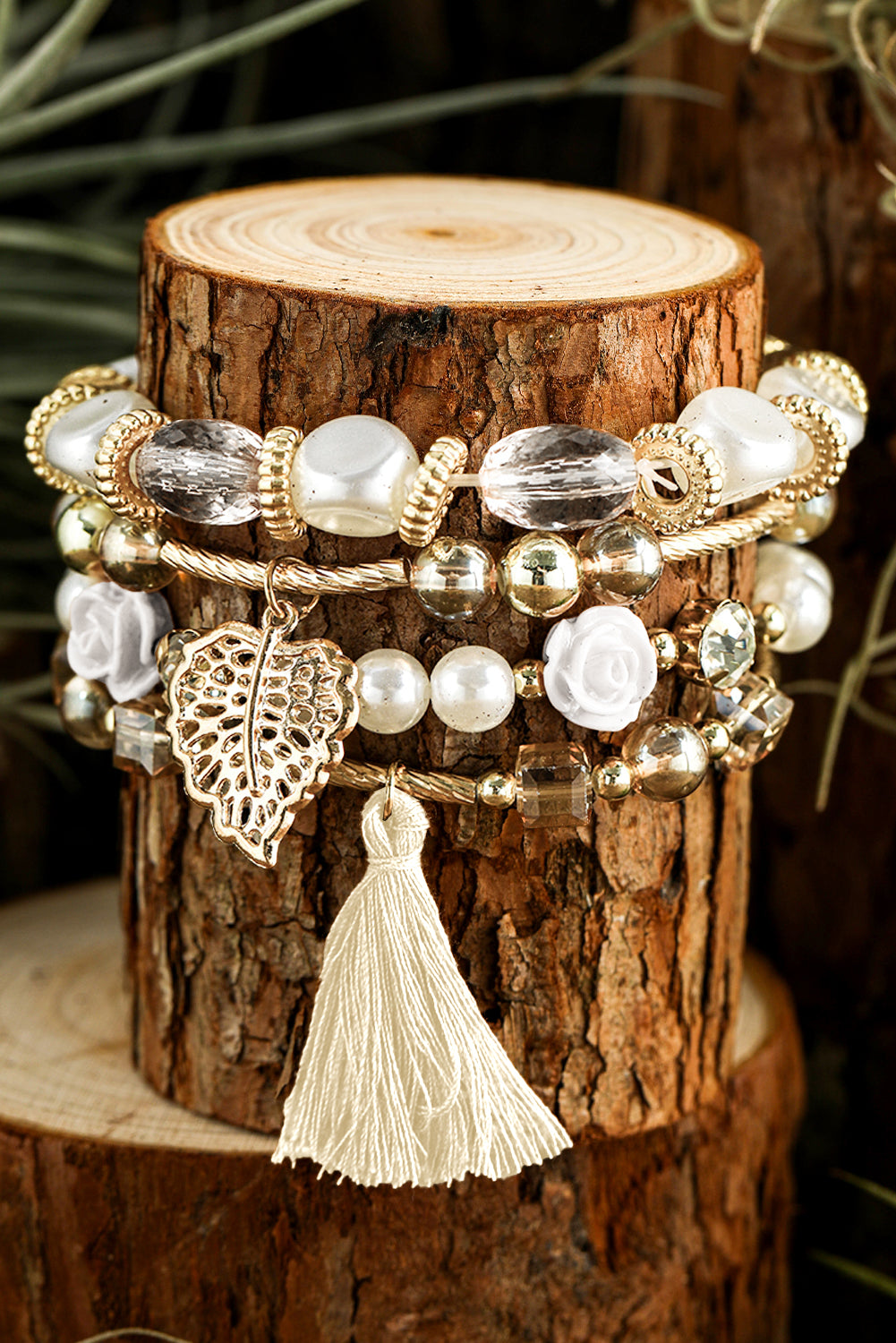 White Bohemian Rhinestone Beaded Fringed Layered Bracelet Set