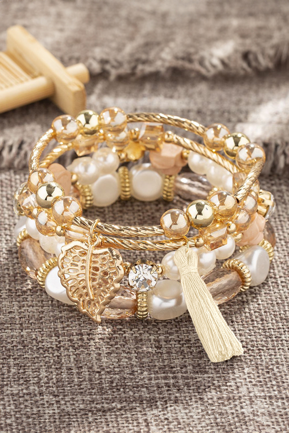 White Bohemian Rhinestone Beaded Fringed Layered Bracelet Set