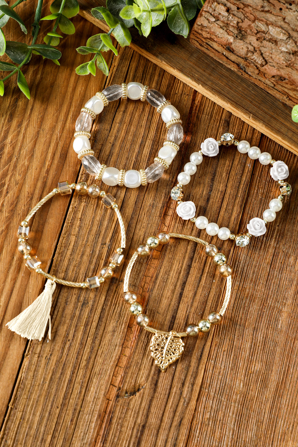 White Bohemian Rhinestone Beaded Fringed Layered Bracelet Set