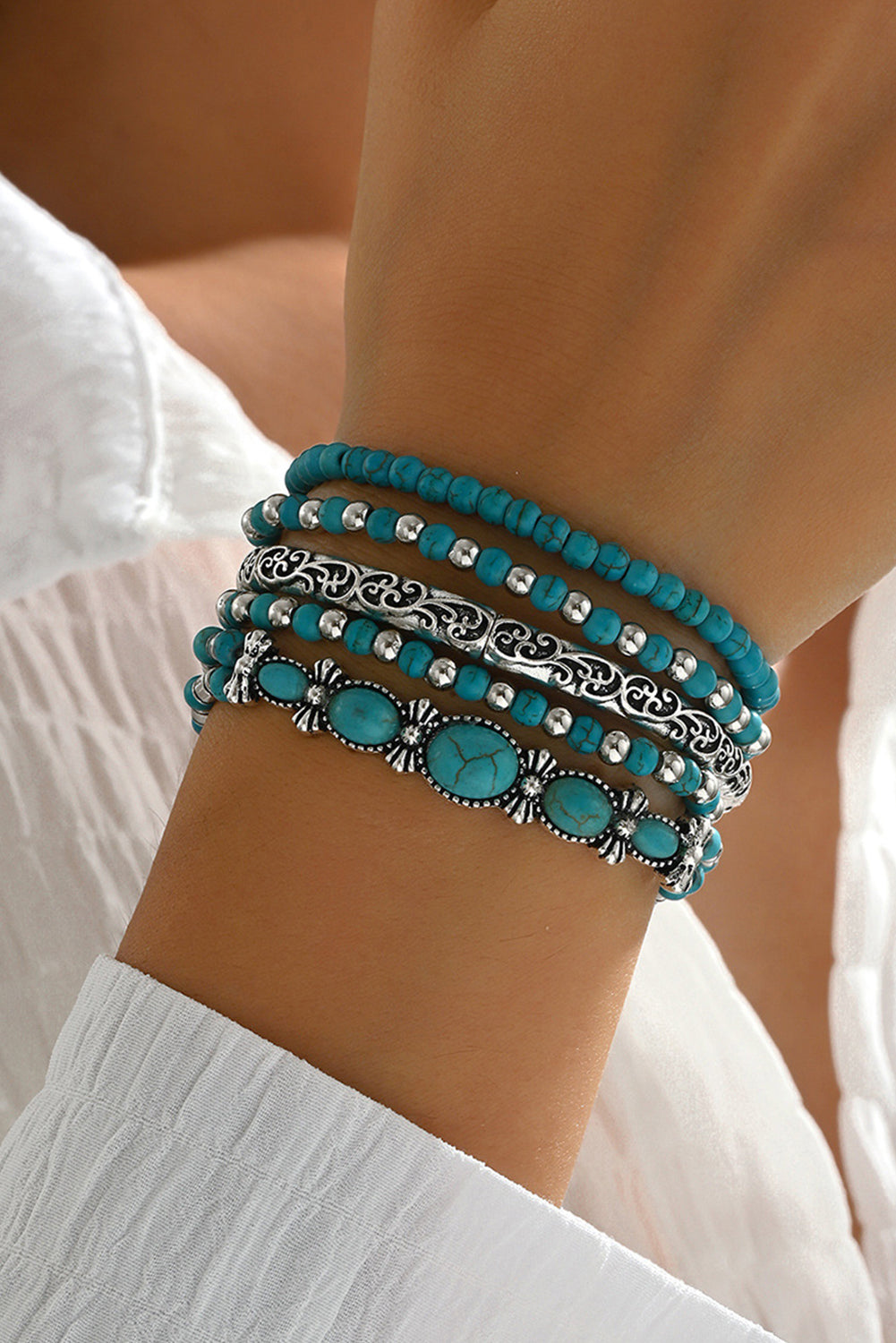 Silvery Western Turquoise Beading 5pcs Layered Bracelet