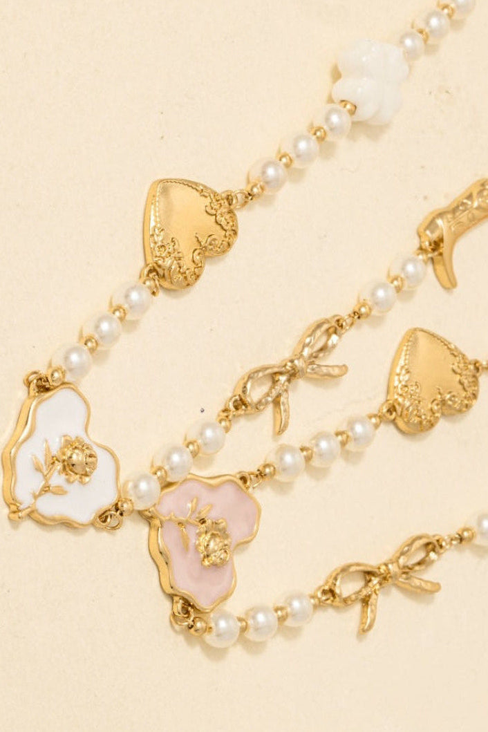 Mod Sky Rose Heart Western Charm Gold Pearl White Necklace