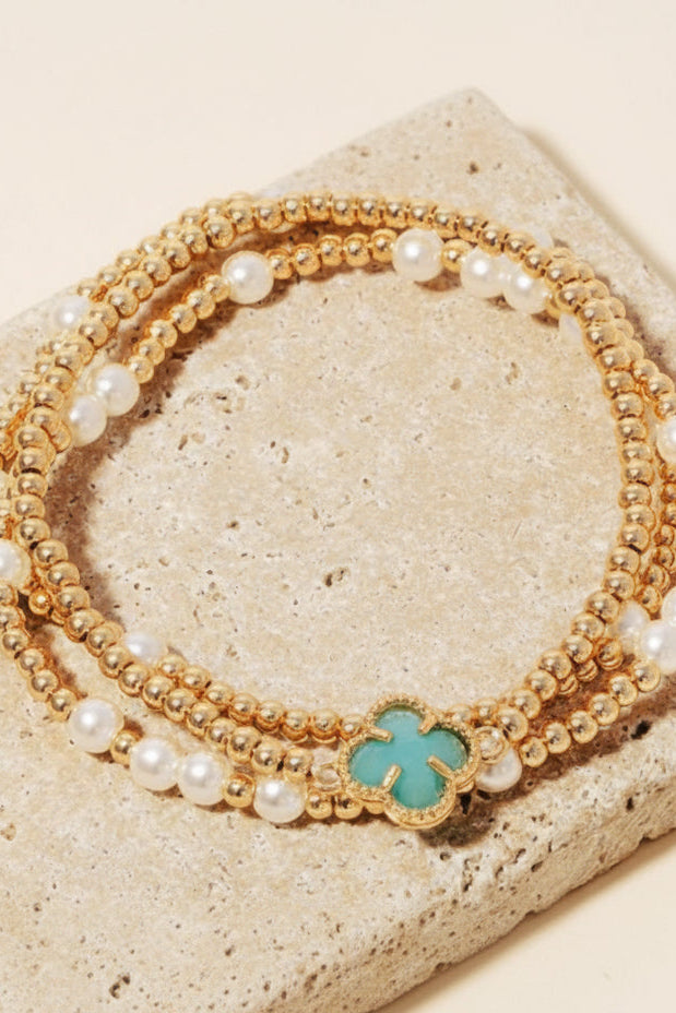 Tell Your Tale Gold and Pearl Beaded Clover Charm Bracelet Set 4 Colors