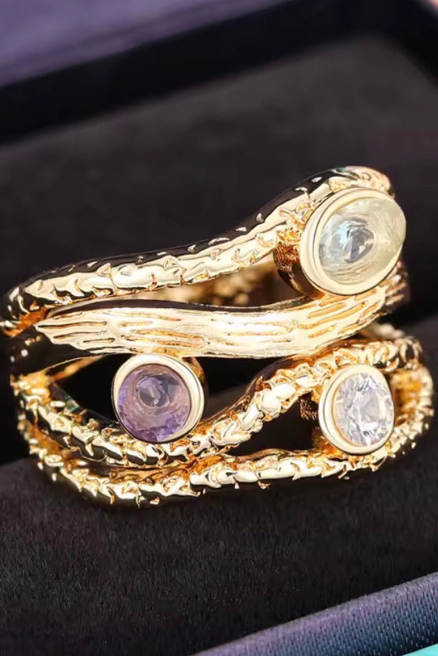 Gold Tone Multi-Layer Colored Stone Fashion Statement Ring