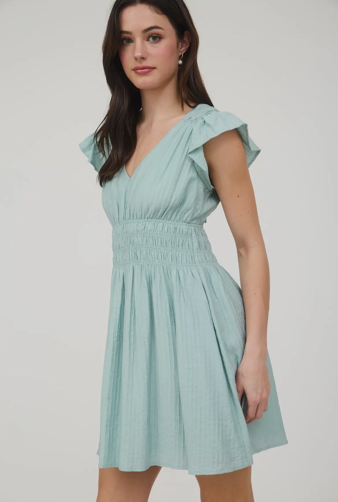 Blu Pepper Shirred Waist Ruffled Sleeve Dusty Mint Mini Dress