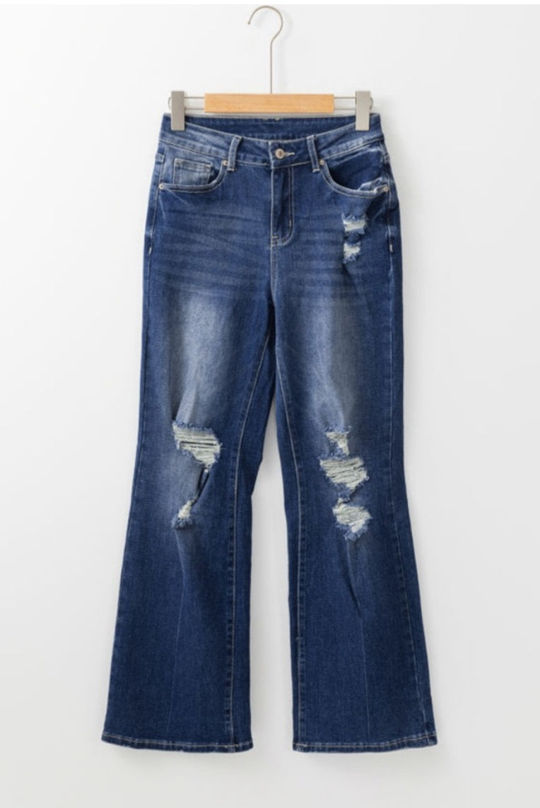 Dust Blue Mineral Washed Distressed High Rise Wide Leg Jeans