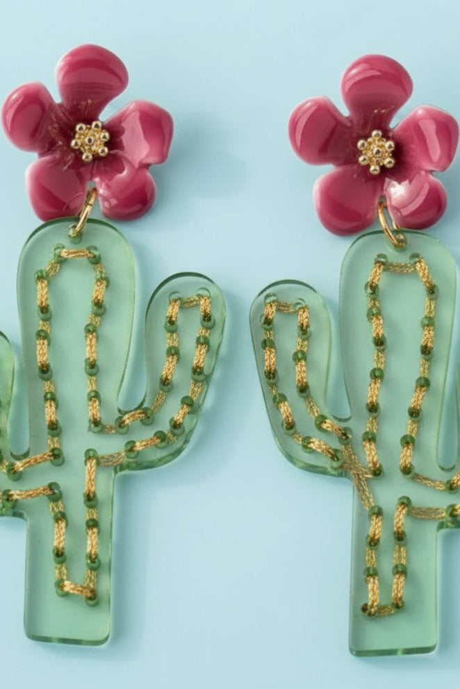 Pink and Green Cactus Drop Earrings