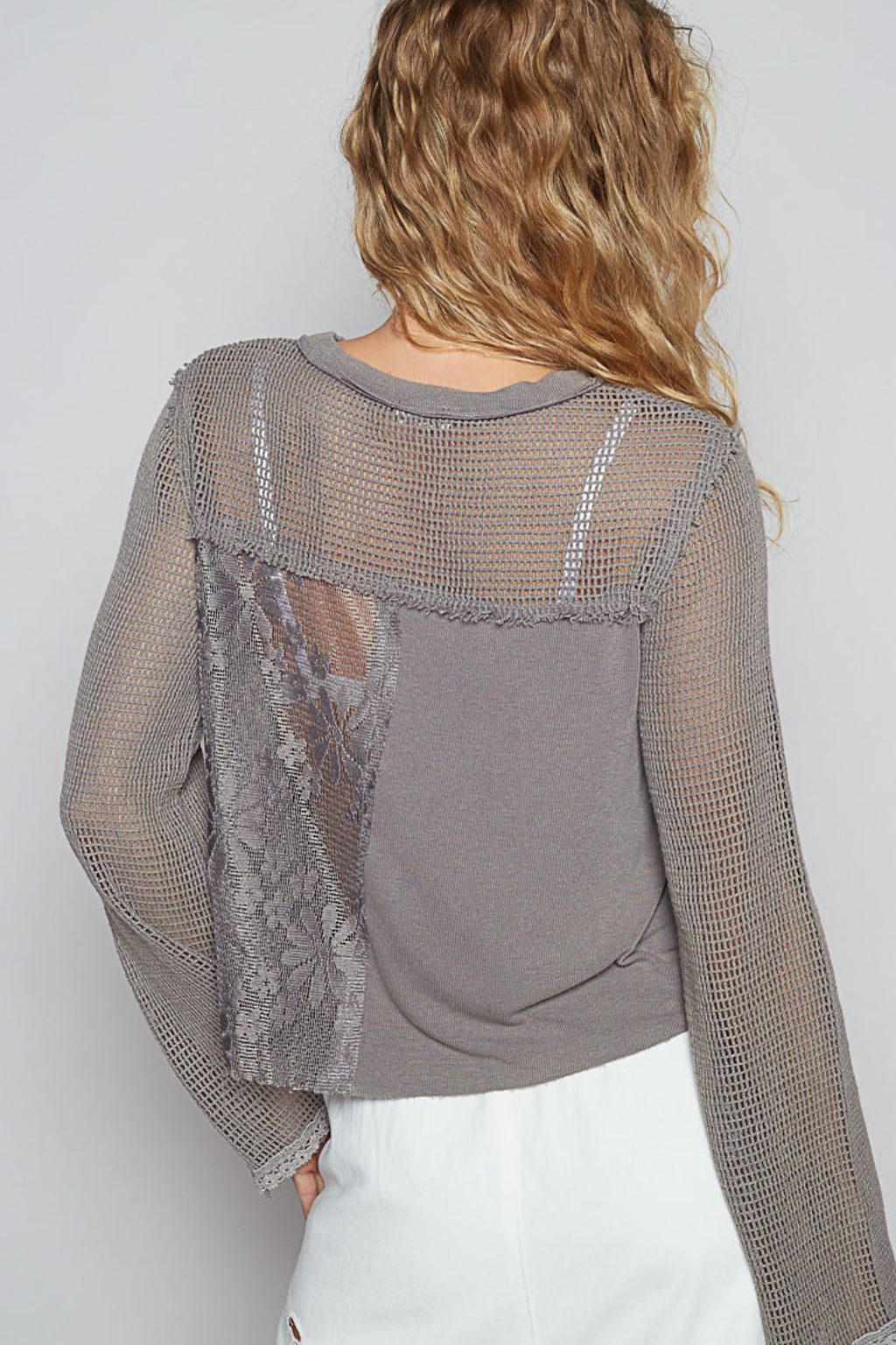 POL Crochet Lace Iron Gray Long Sleeve Pullover