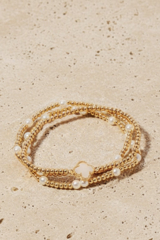 Tell Your Tale Gold and Pearl Beaded Clover Charm Bracelet Set 4 Colors