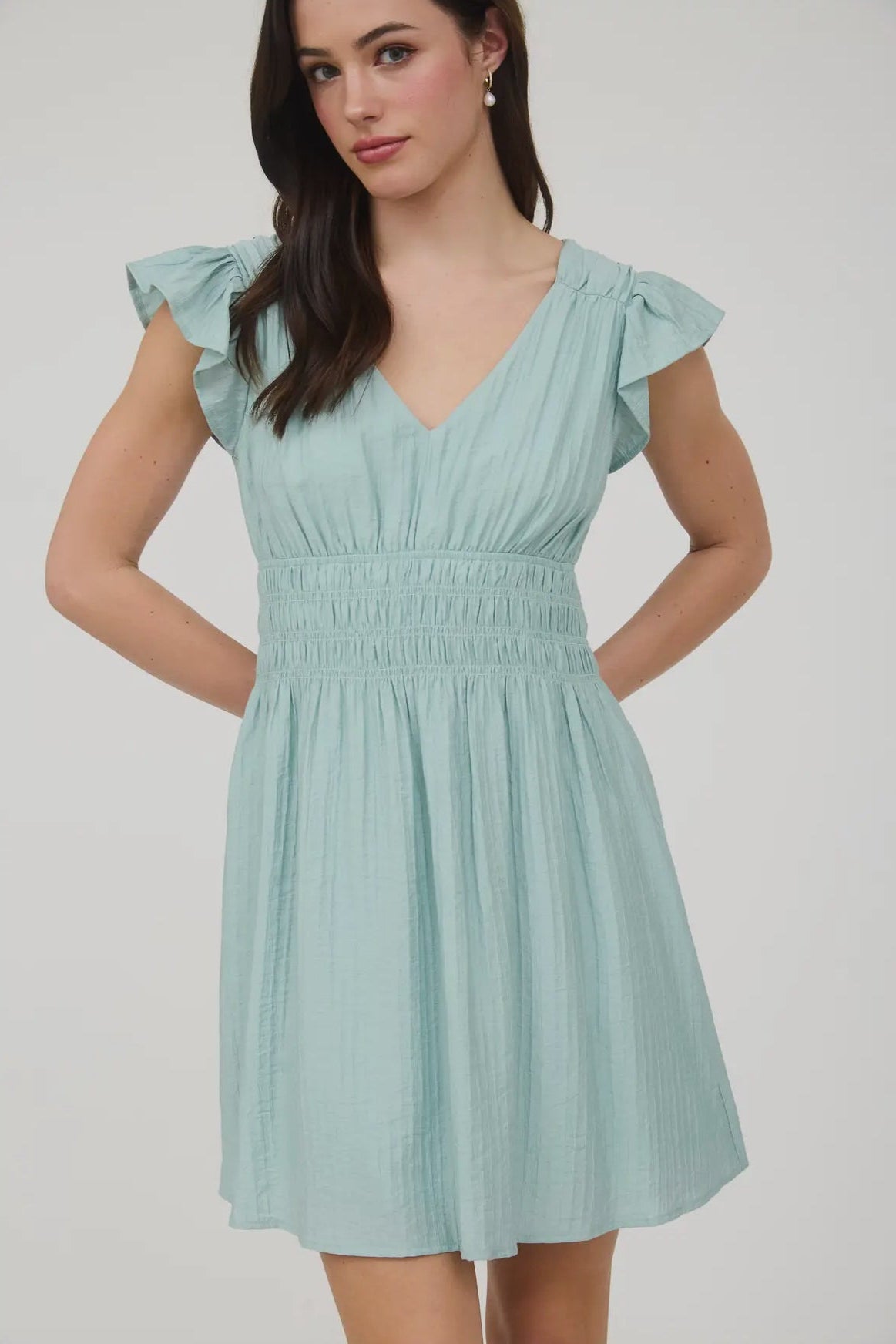 Blu Pepper Shirred Waist Ruffled Sleeve Dusty Mint Mini Dress