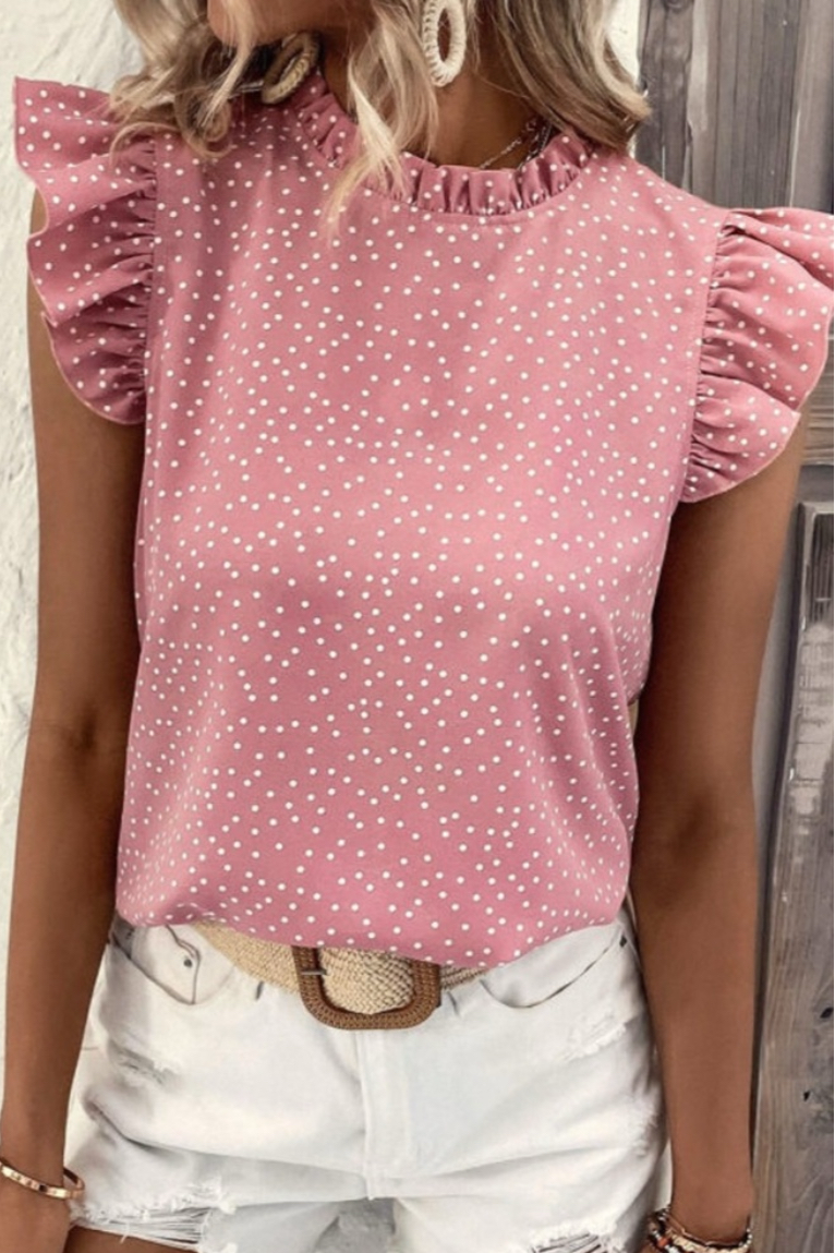 Ruffle Flutter Sleeve Pink Polka Dot Blouse