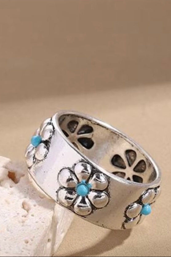 Floral Turquoise Colored Boho Silver Plated Band Stacking Ring