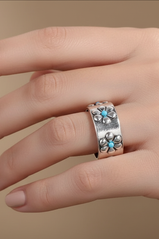 Floral Turquoise Colored Boho Silver Plated Band Stacking Ring