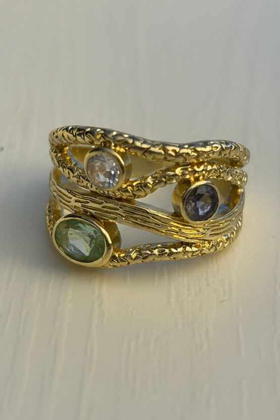 Gold Tone Multi-Layer Colored Stone Fashion Statement Ring