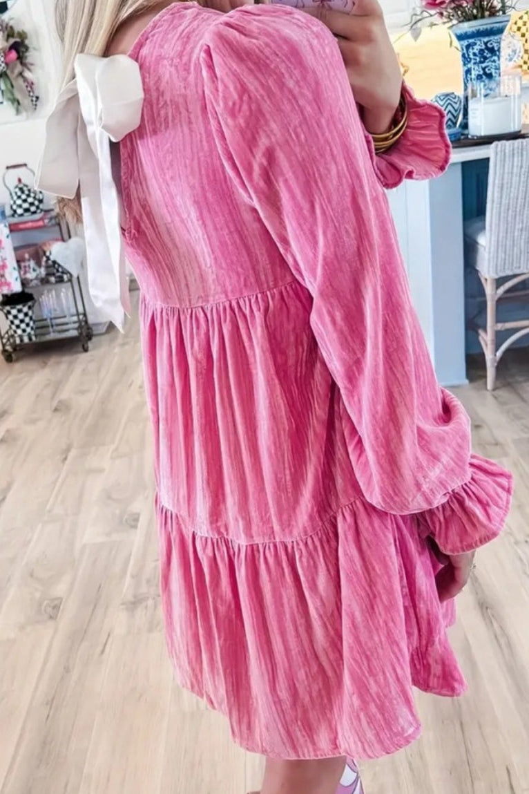 Pink Velvet White Bow Mini Dress