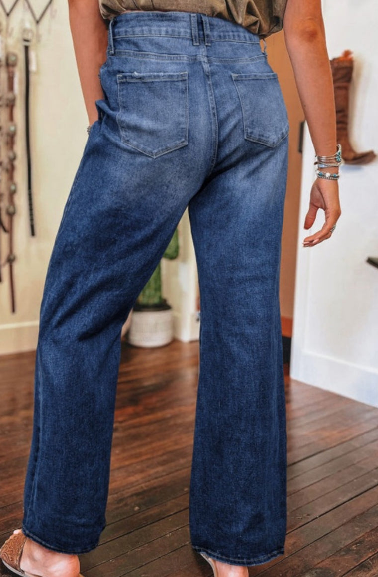 Dust Blue Mineral Washed Distressed High Rise Wide Leg Jeans