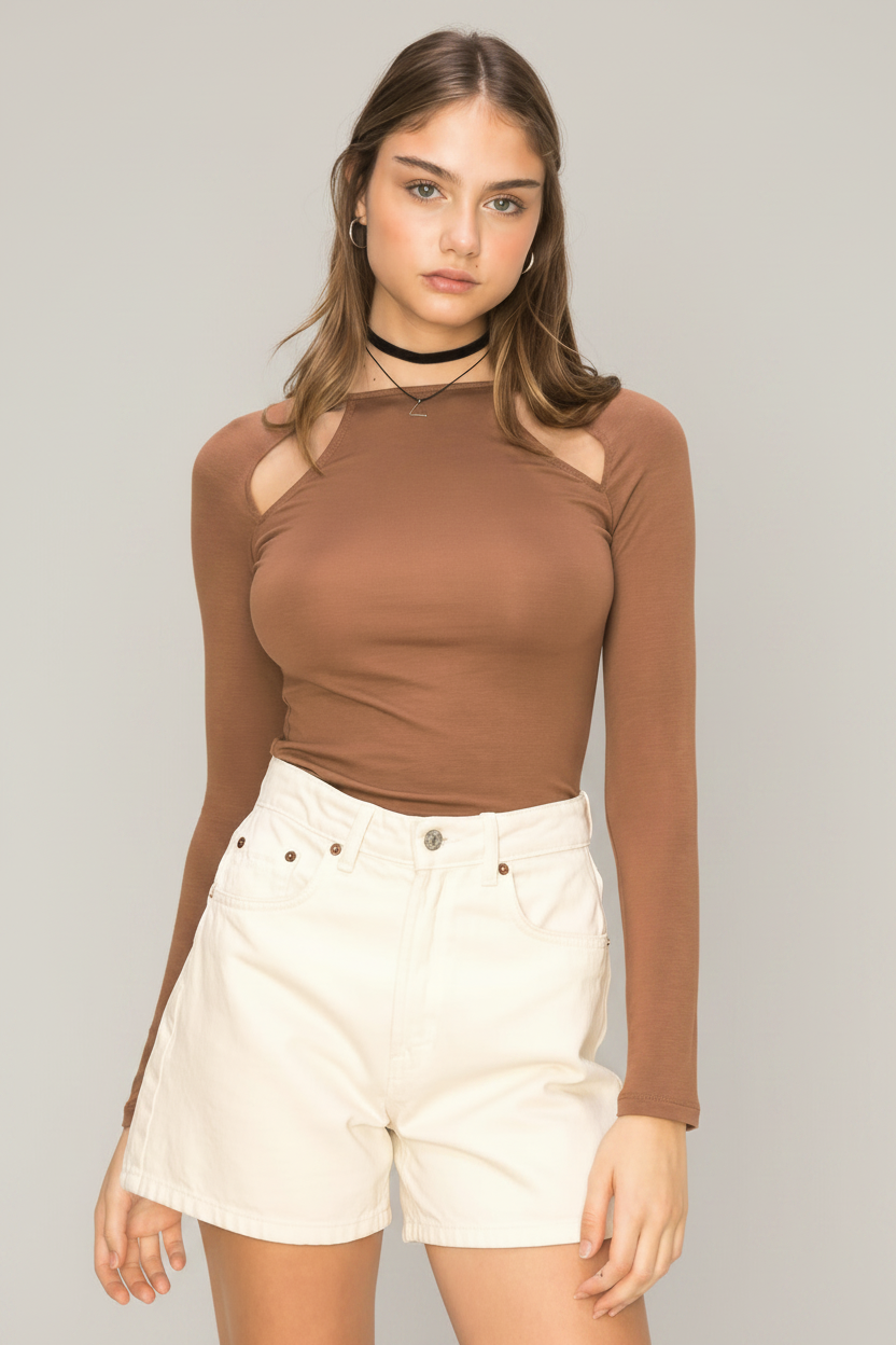 Double Zero Delicate Brown Charms Cut Out Top