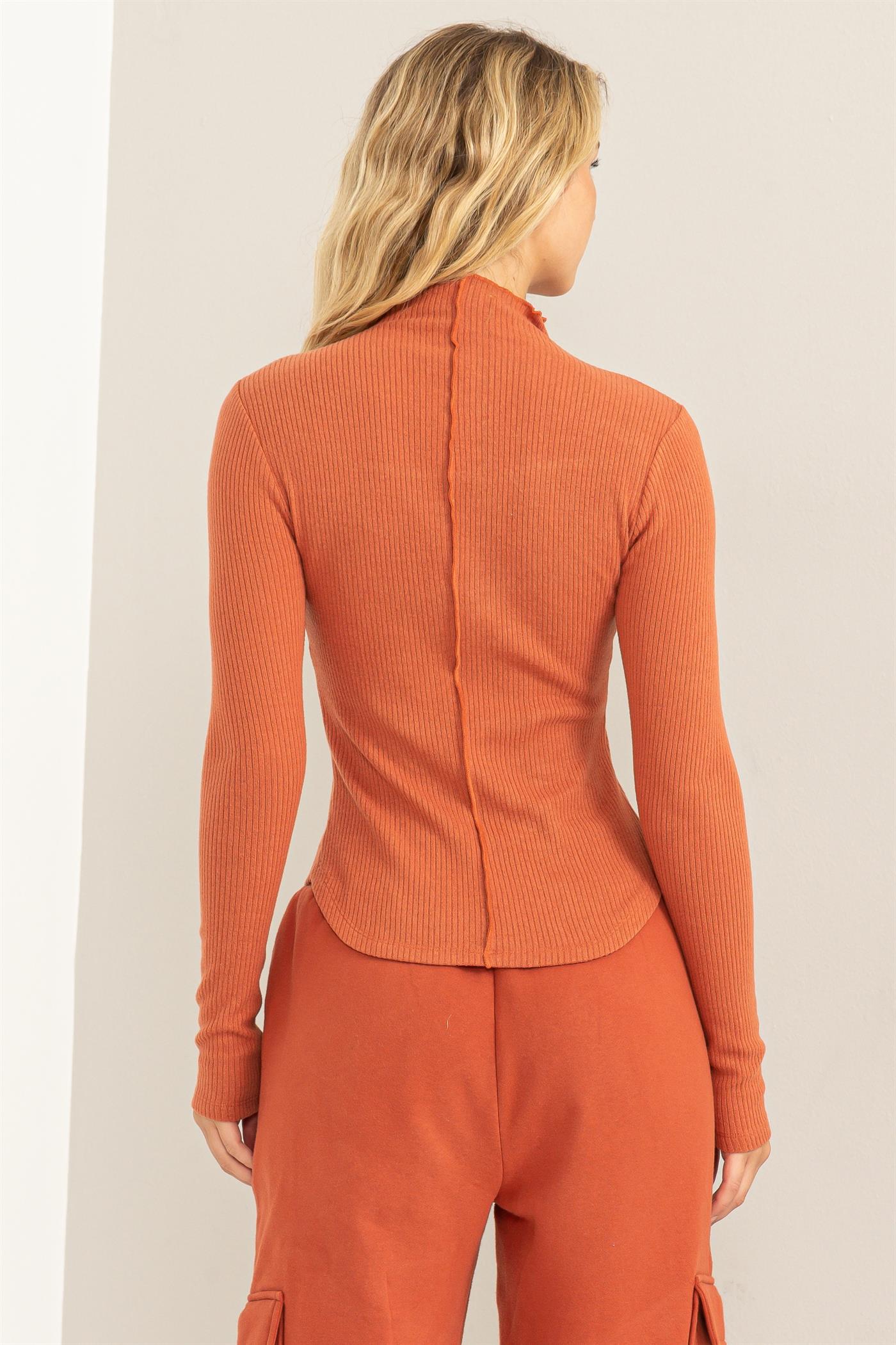 Baked Clay Double Zero Brand Ribbed High Neck Seam Detail Knit Long Sleeve Top