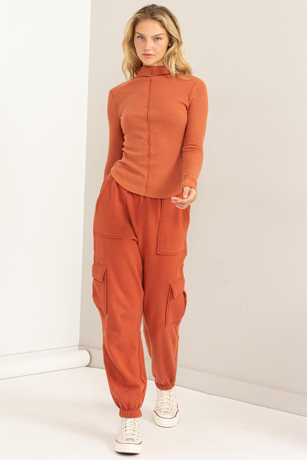 Baked Clay Double Zero Brand Ribbed High Neck Seam Detail Knit Long Sleeve Top