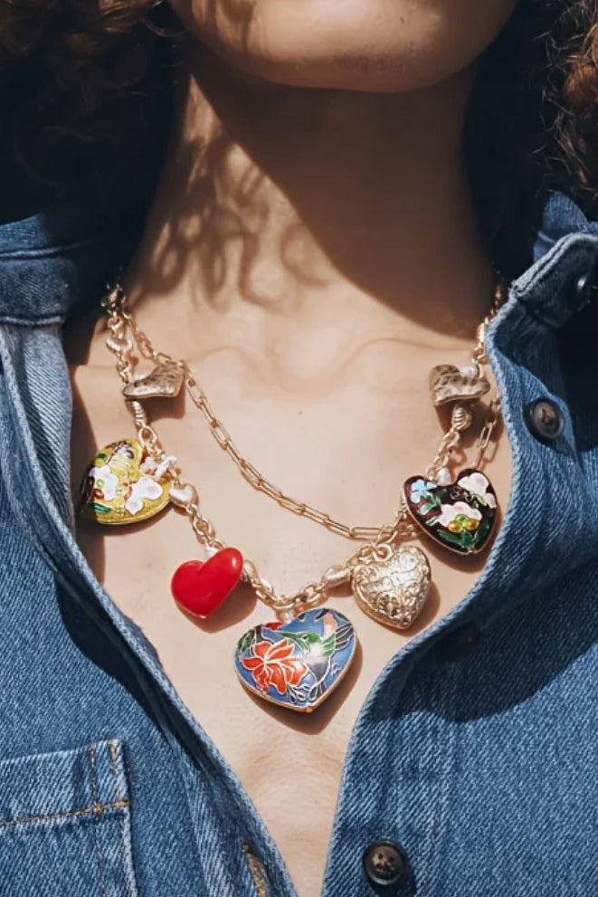 Mod Sky Vintage Style Double Strand Gold Heart Charm Necklace