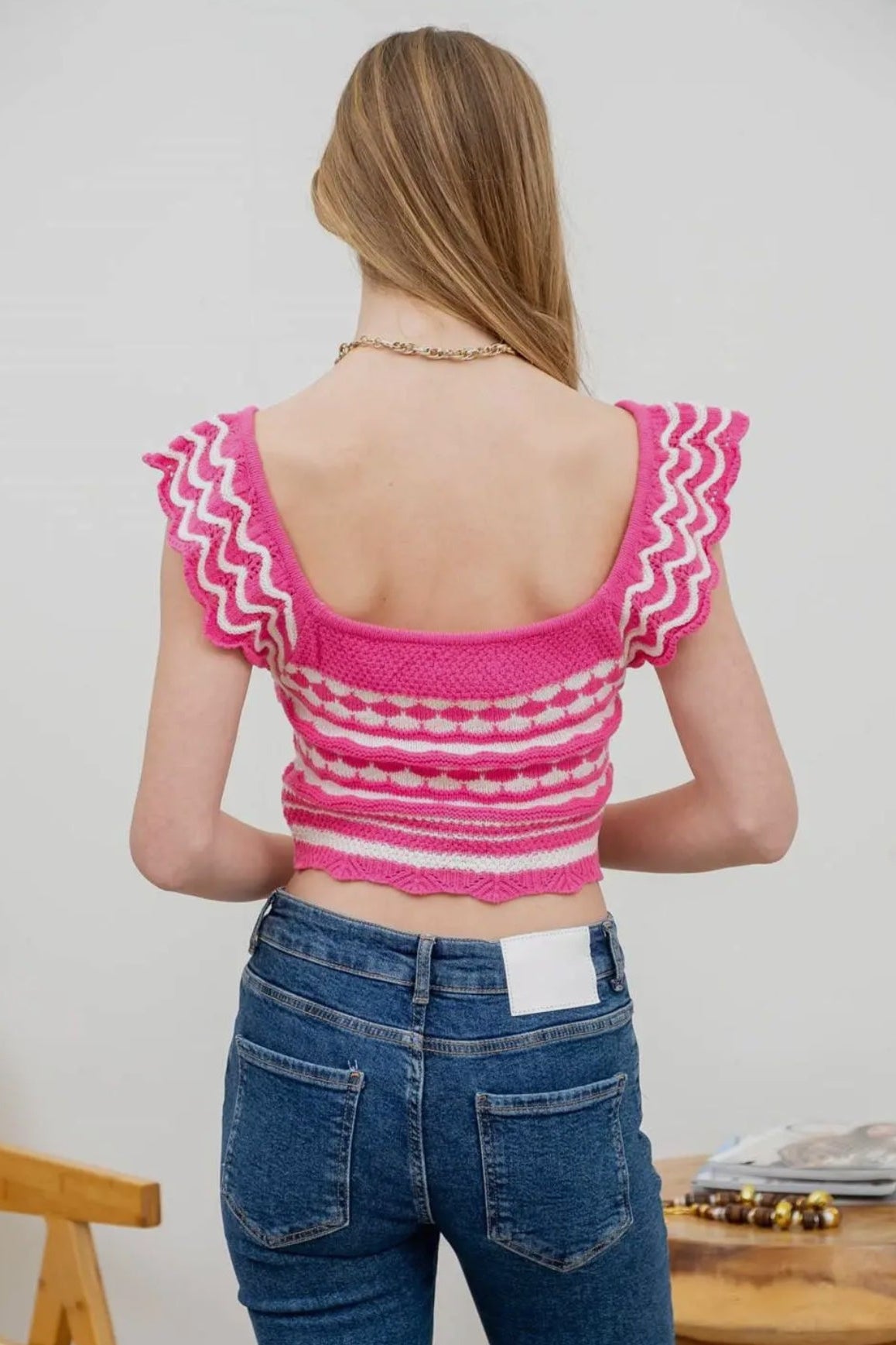 Blu Pepper Jacquard Fushia and White Knit Crop Short Ruffle Sleeve Sweater