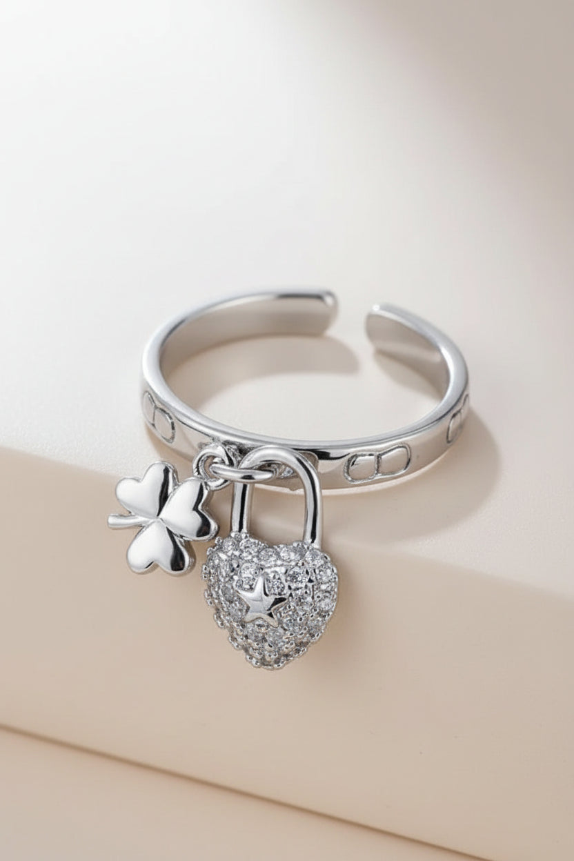 Clover Heart Dangling Adjustable Ring