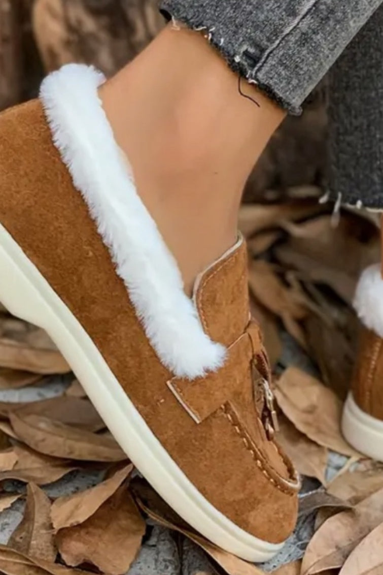 Cozy Brown Slip On Loafers with White Fleece Faux Fur Lining