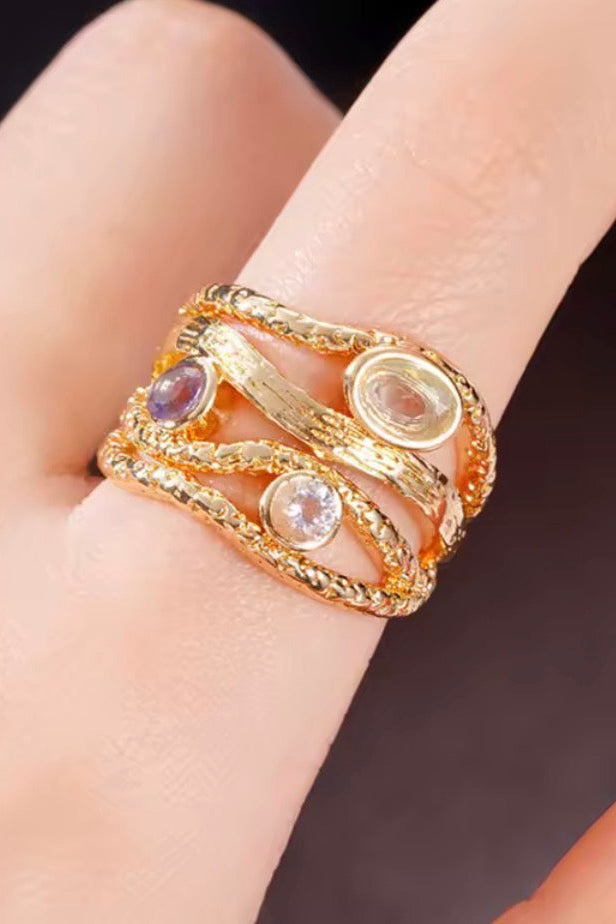 Gold Tone Multi-Layer Colored Stone Fashion Statement Ring