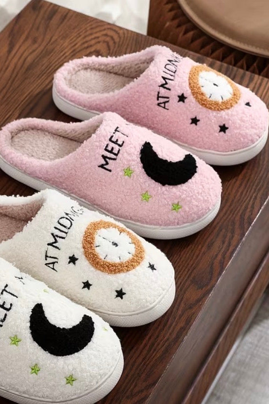 Meet Me at Midnight Clock & Moon Plush Women's Slippers