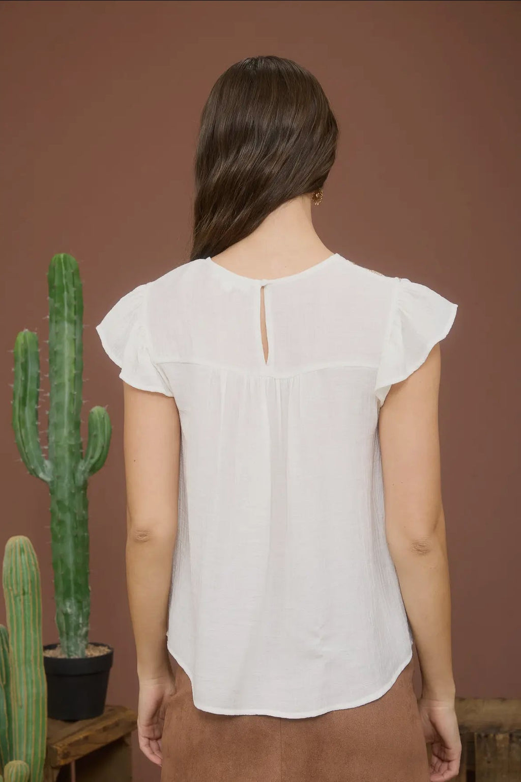 Mine Embroidered Short Ruffled Sleeved Ivory Blouse