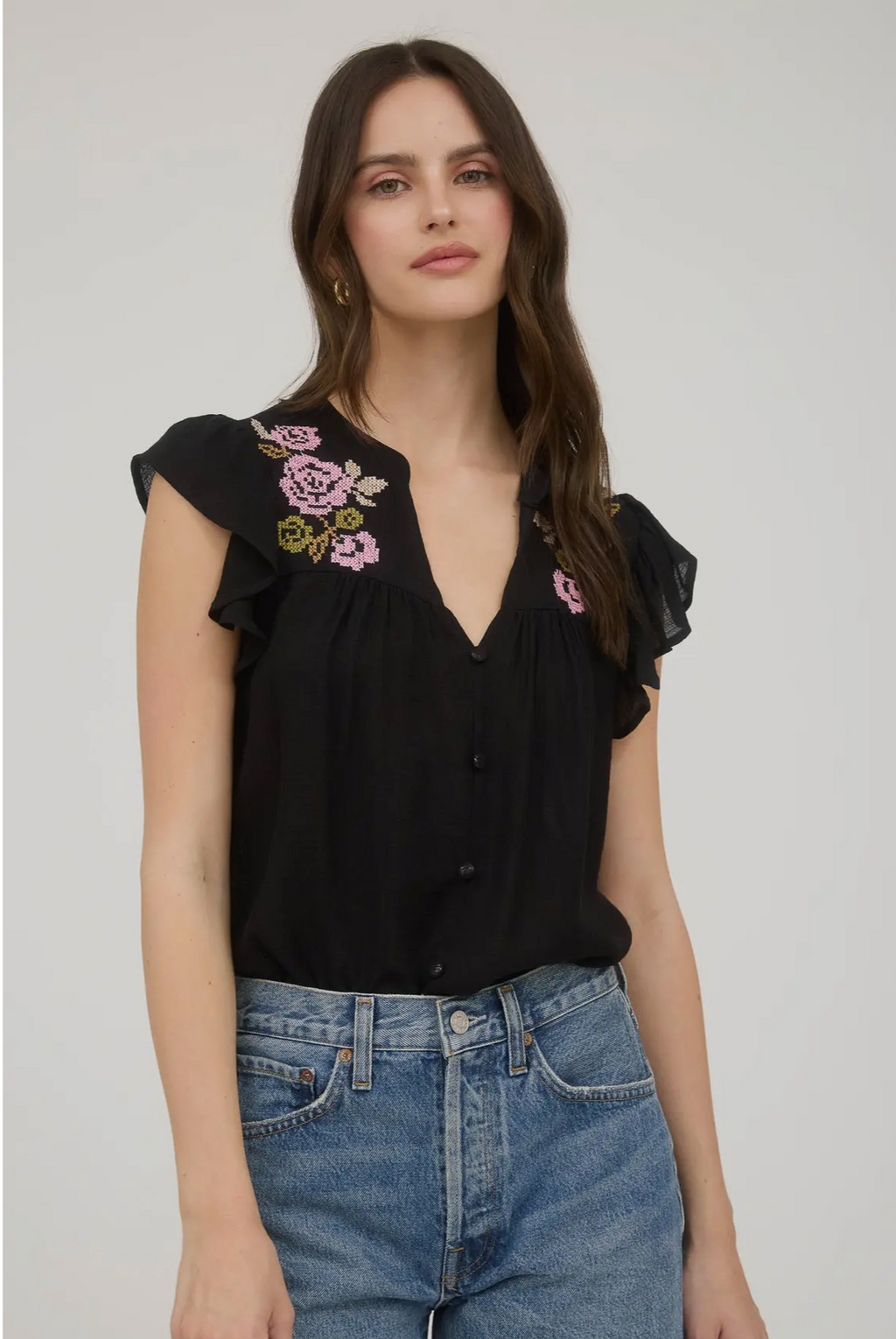 Mine Black with Pink Floral Embroidery V Neck Blouse