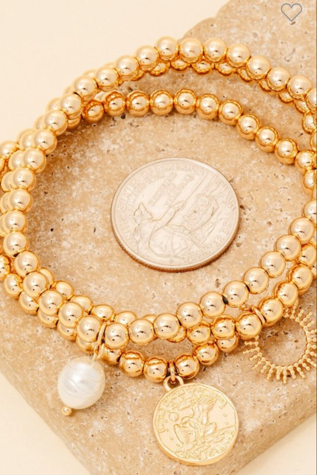 Coin, Pearl & Sun Gold Charm Beaded Bracelet