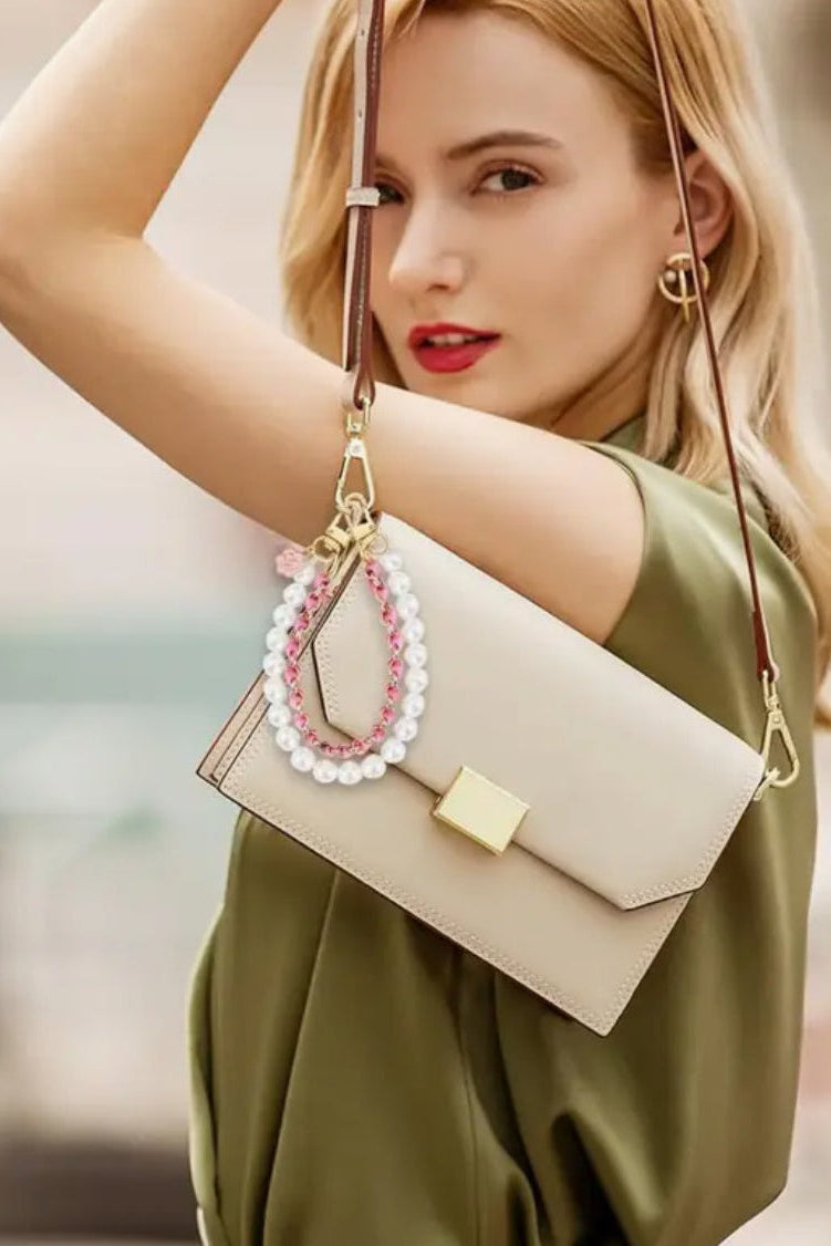 Gold Chain, Faux Pearl & Ribbon Floral Charm Wristlet for Bag, Phone, Keys 3 colors
