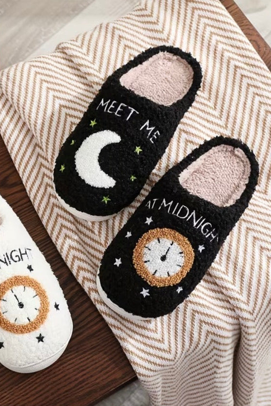 Meet Me at Midnight Clock & Moon Plush Women's Slippers