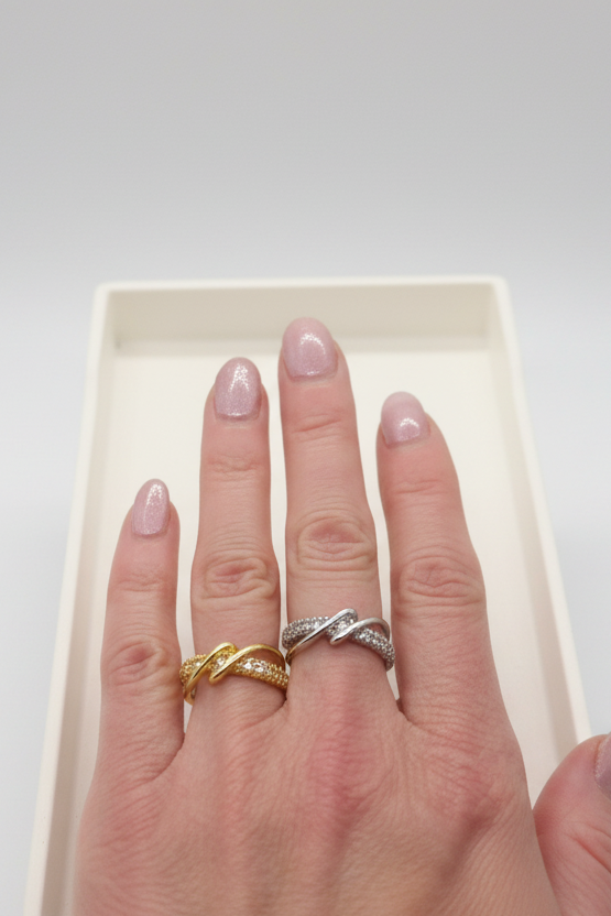Mod Sky Wrapped Knot Double Pave Row Open Band Silver or Gold Ring
