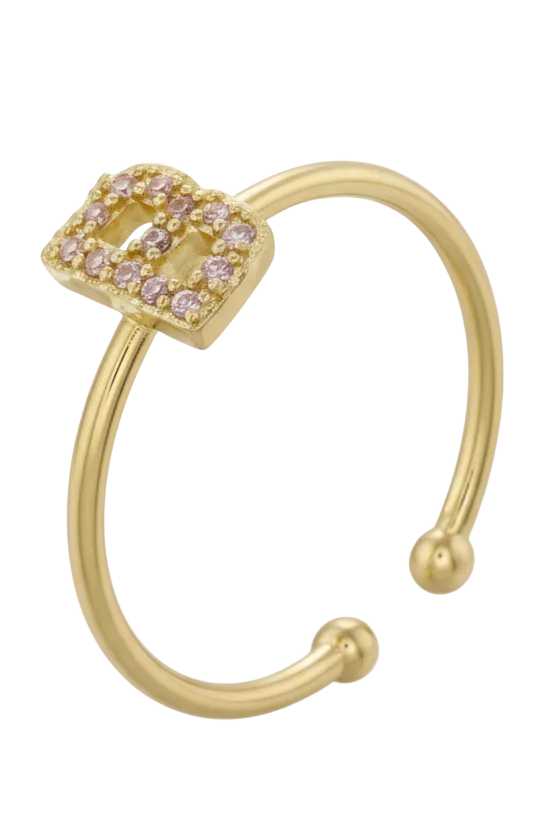 Letter Initial Micro Zirconia Gold Adjustable Ring