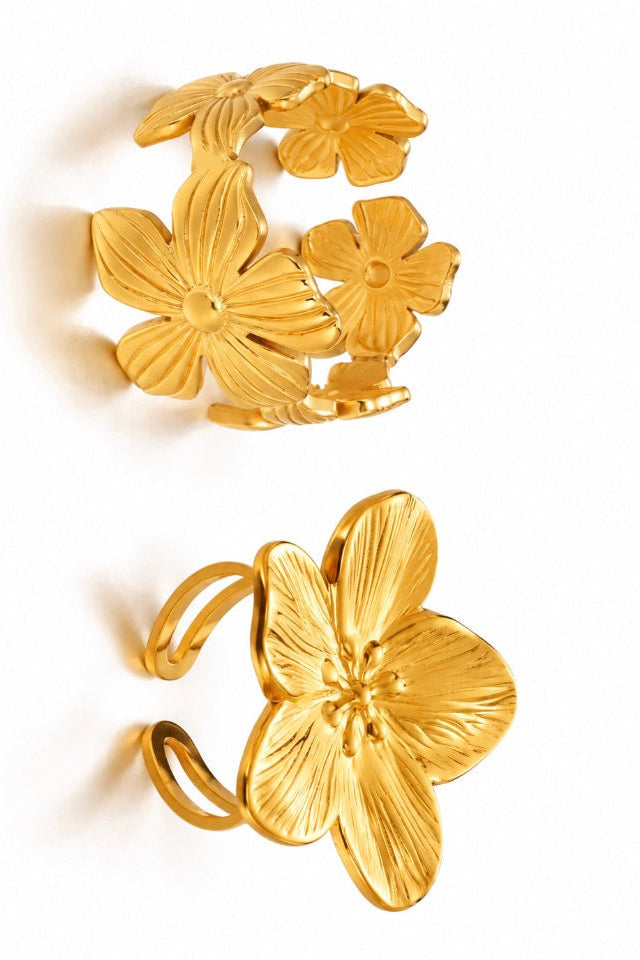 Set of 2 Floral Statement and Band Adjustable Rings Gold or Silver