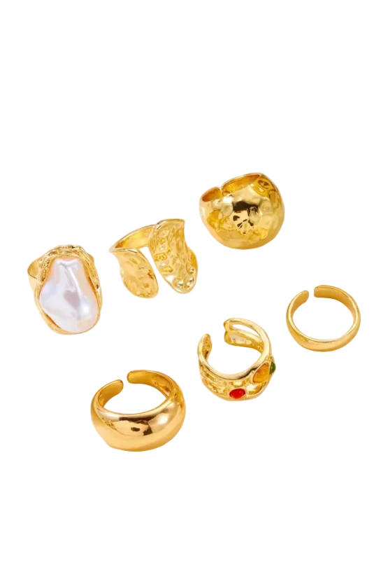 Boho Stacking Pearl Multi Colored Stone Gold 6 piece Ring Set