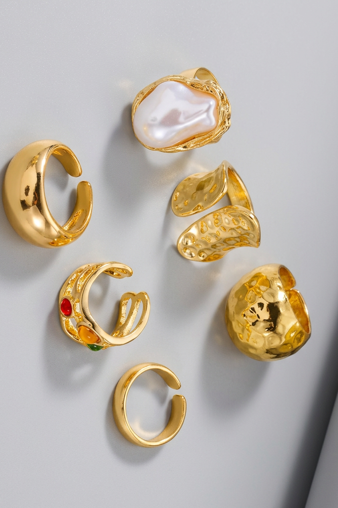 Boho Stacking Pearl Multi Colored Stone Gold 6 piece Ring Set