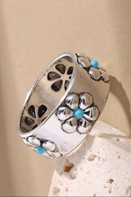 Floral Turquoise Colored Boho Silver Plated Band Stacking Ring