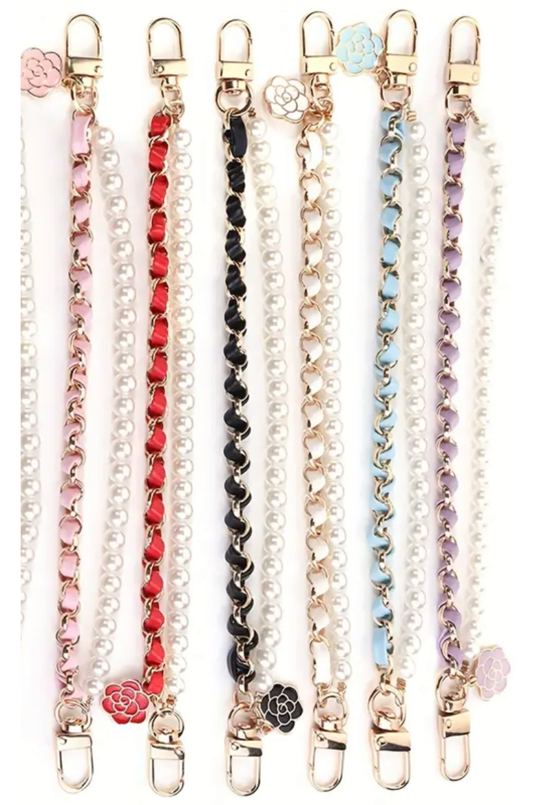 Gold Chain, Faux Pearl & Ribbon Floral Charm Wristlet for Bag, Phone, Keys 3 colors