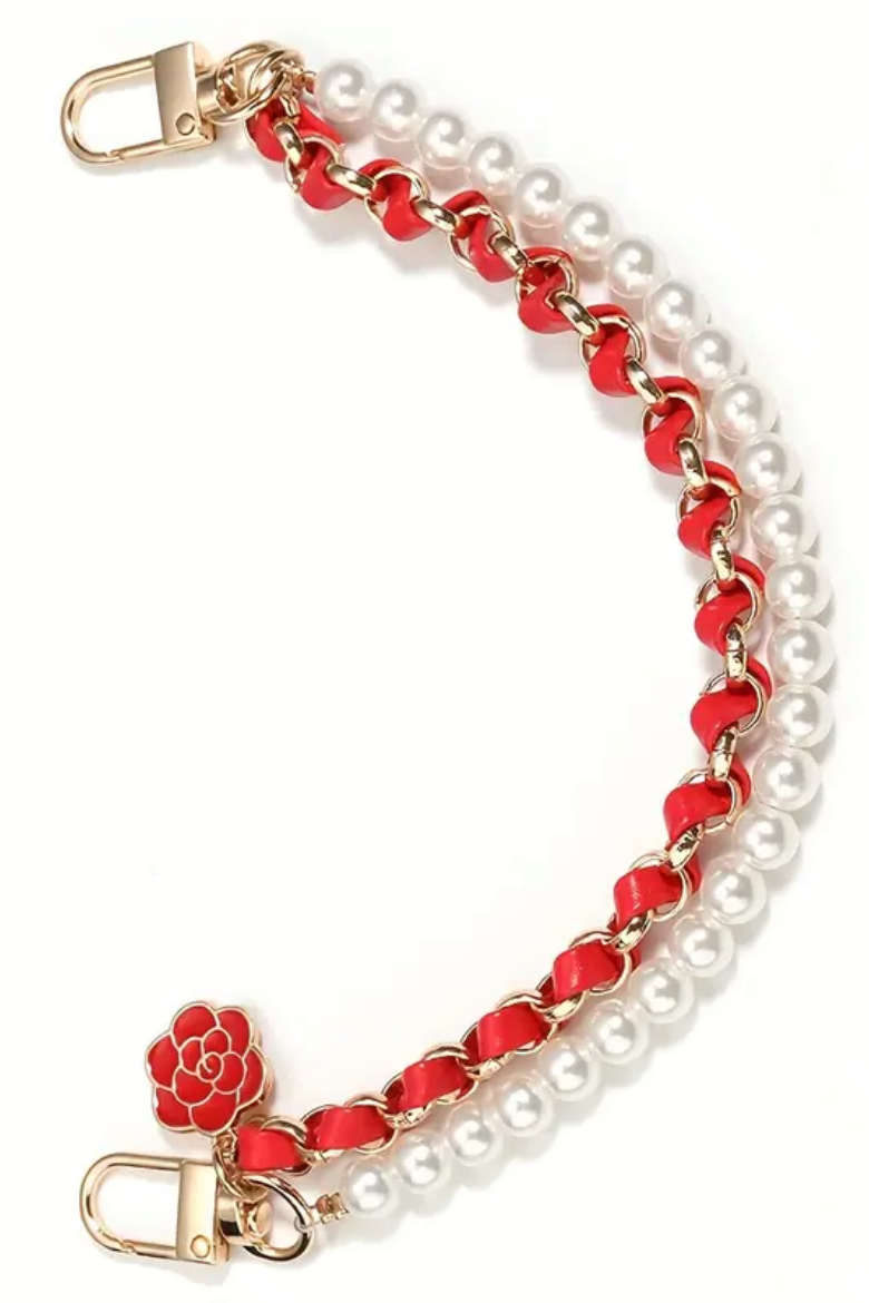 Gold Chain, Faux Pearl & Ribbon Floral Charm Wristlet for Bag, Phone, Keys 3 colors