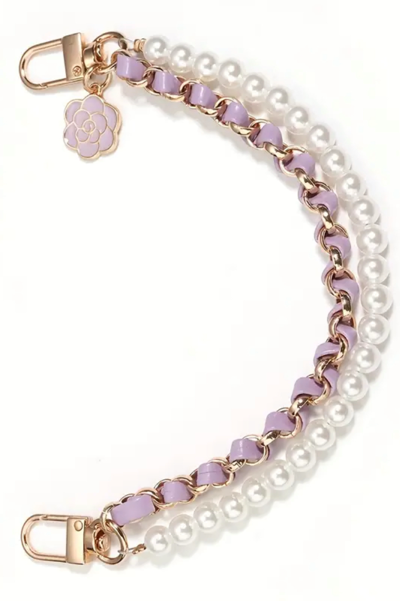 Gold Chain, Faux Pearl & Ribbon Floral Charm Wristlet for Bag, Phone, Keys 3 colors