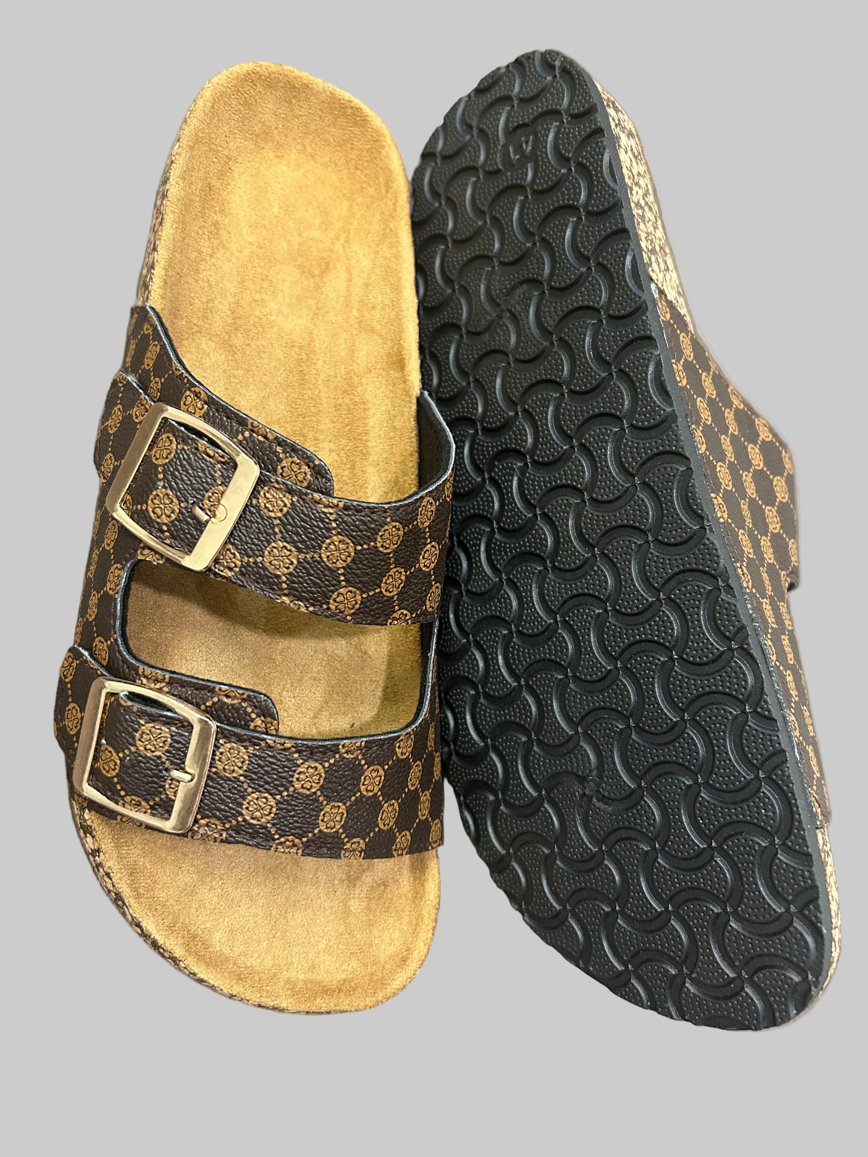 Casual Double Buckle Brown Slide Sandals