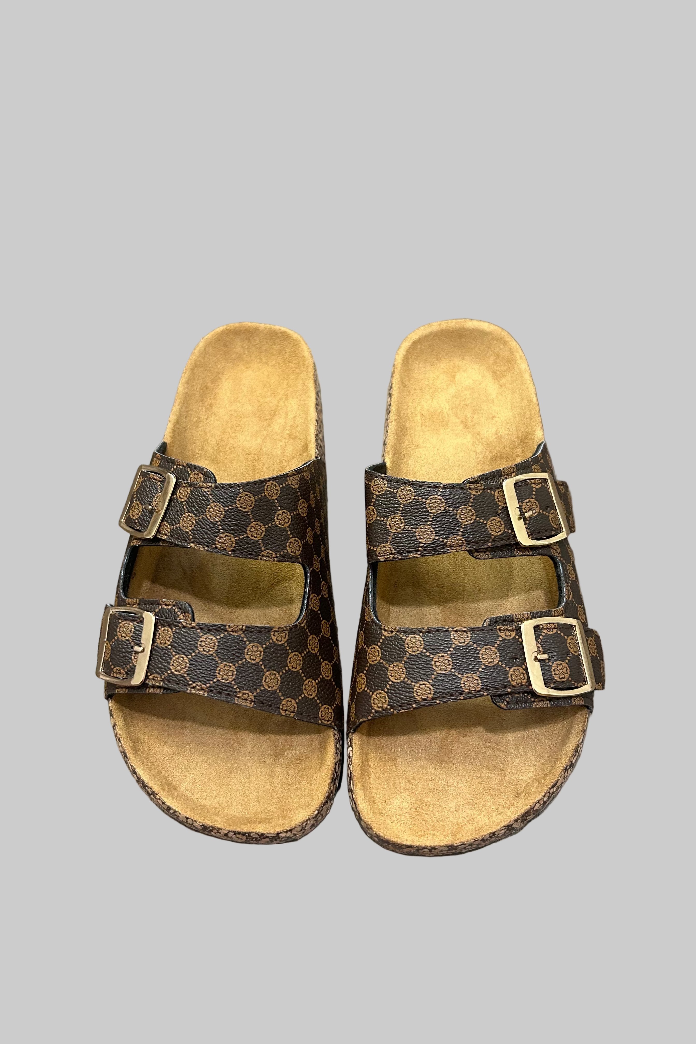 Casual Double Buckle Brown Slide Sandals