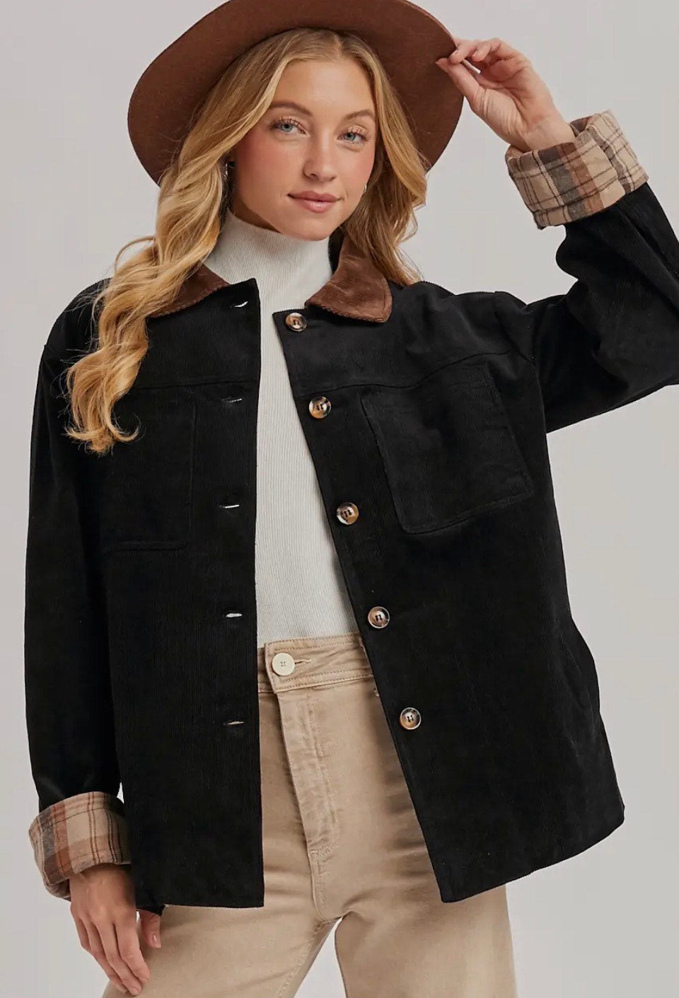 Black Corduroy Button Down Inner Plaid Bluivy Barn Coat