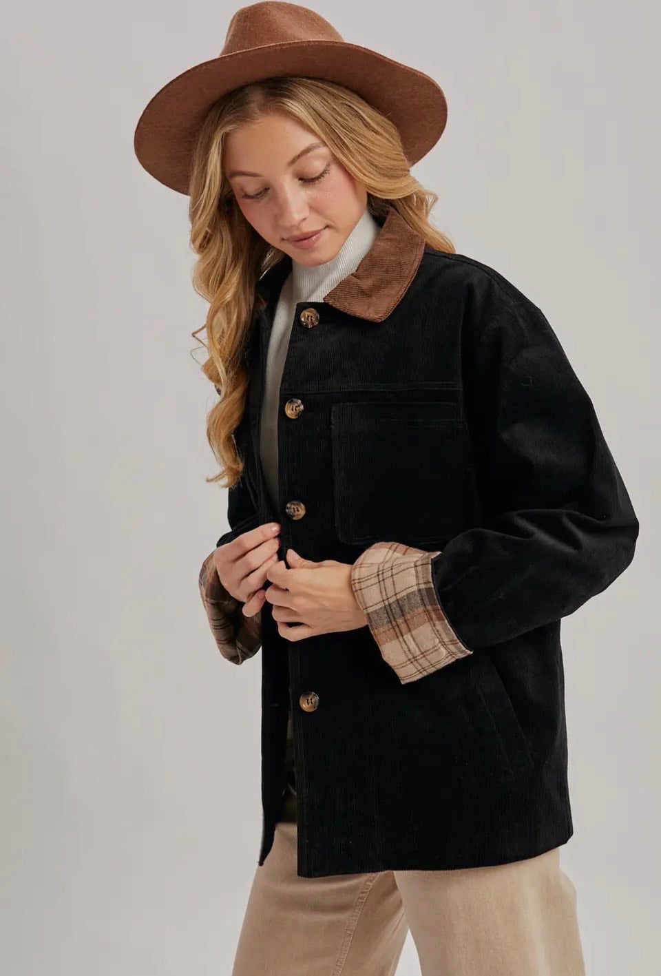 Black Corduroy Button Down Inner Plaid Bluivy Barn Coat