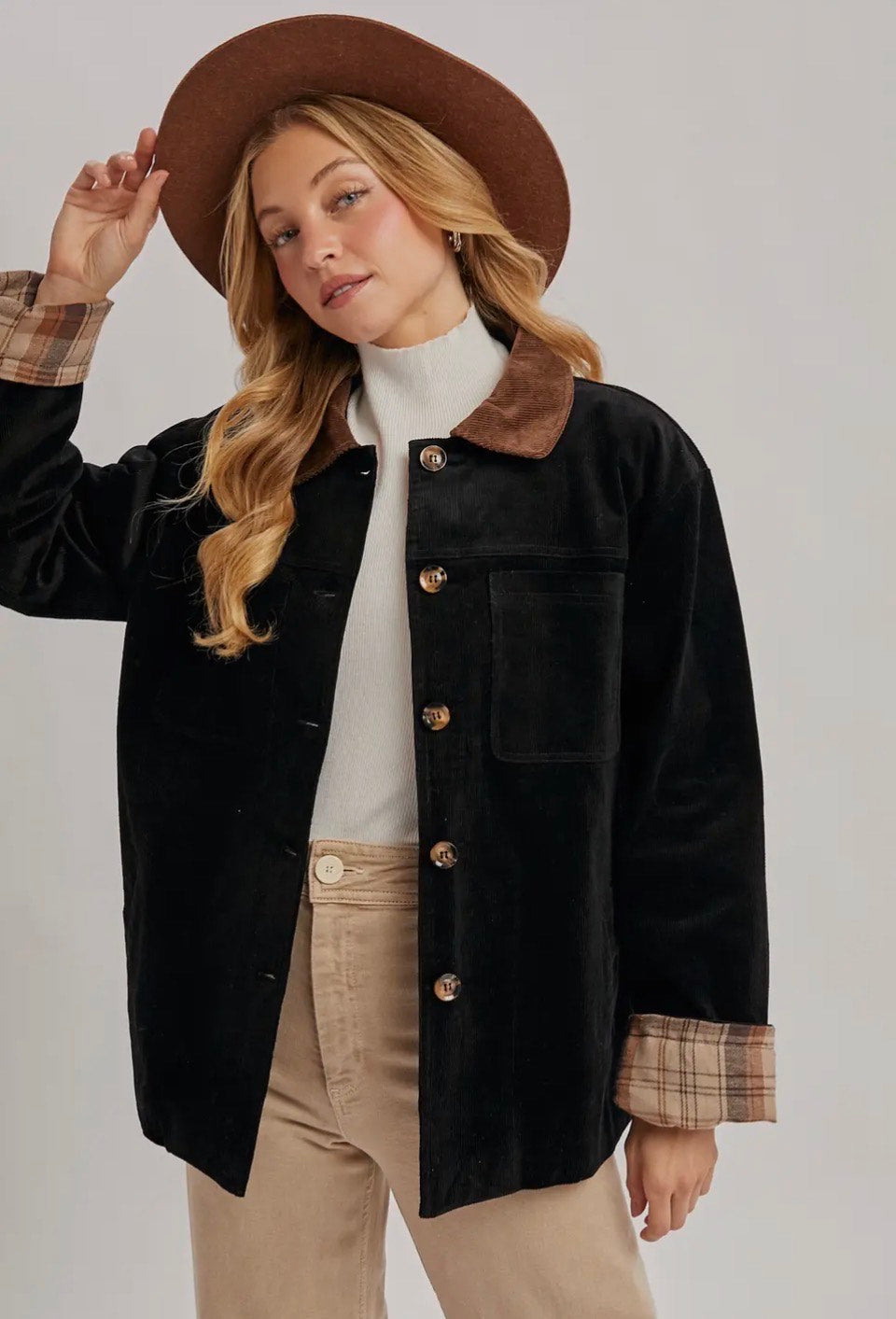 Black Corduroy Button Down Inner Plaid Bluivy Barn Coat