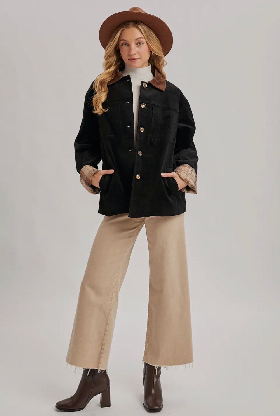 Black Corduroy Button Down Inner Plaid Bluivy Barn Coat